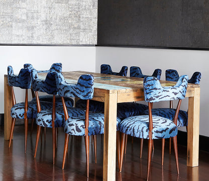 Scalamandré Tigre Blues & Black Cut Velvet Fabric showcasing a bold tiger stripe pattern in deep blues and black, ideal for luxury upholstery projects