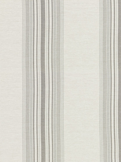 Beige woven fabric with vertical charcoal and gray striped pattern.