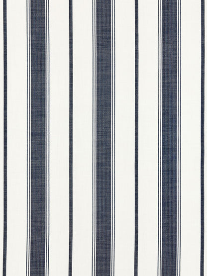 Cream woven fabric with bold navy blue vertical stripes and thin white pinstripes, nautical stripe pattern.