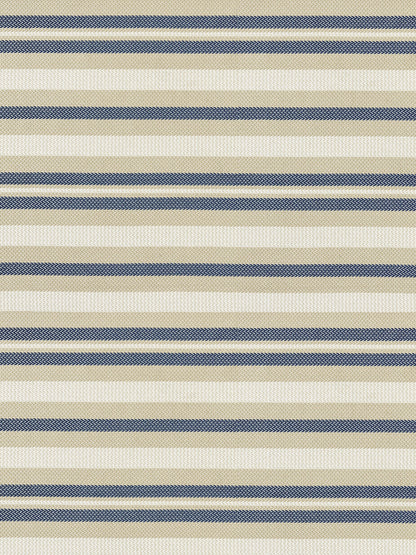 Woven striped textile with beige, cream and navy blue horizontal stripes; textured fabric pattern.