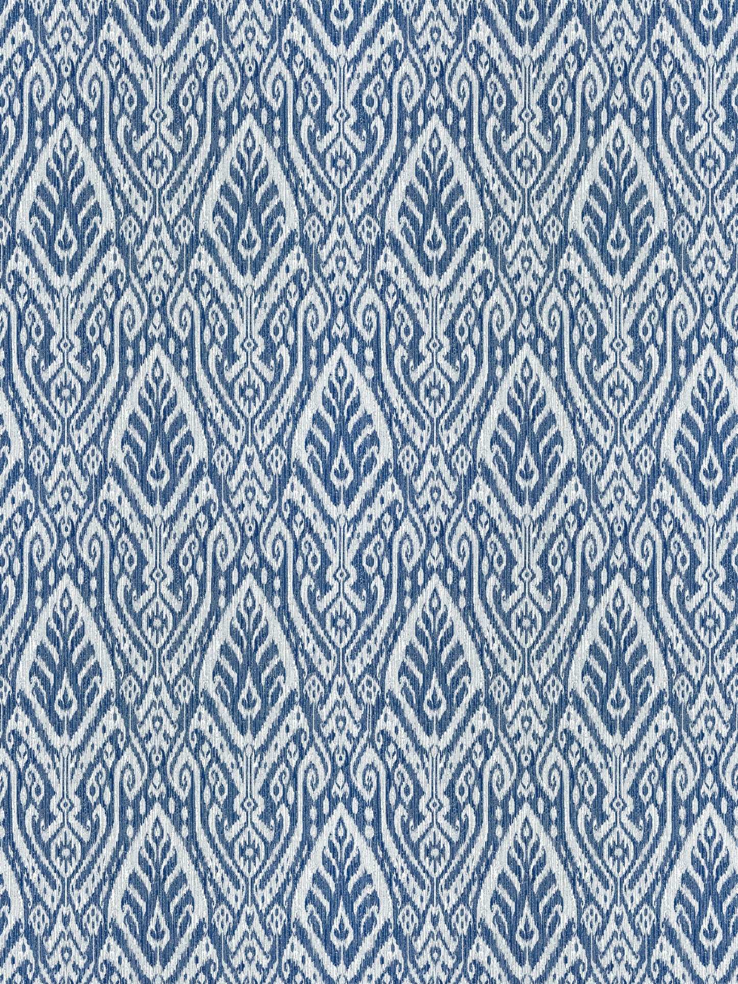Blue & white ikat-inspired diamond pattern textile with leaf-like motifs; ideal for upholstery or curtains.