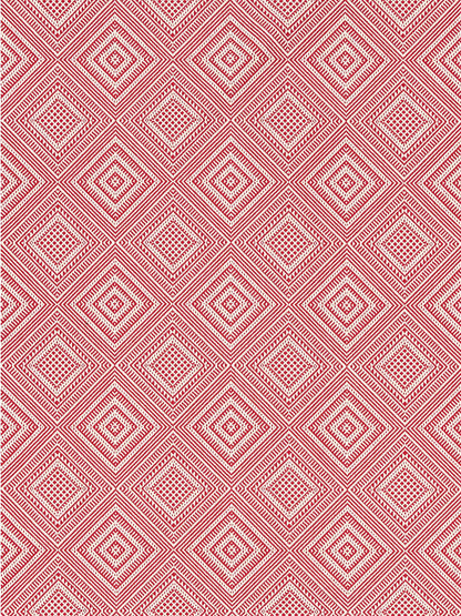 Red & white geometric diamond patterned cotton fabric with nested squares & dotted accents.