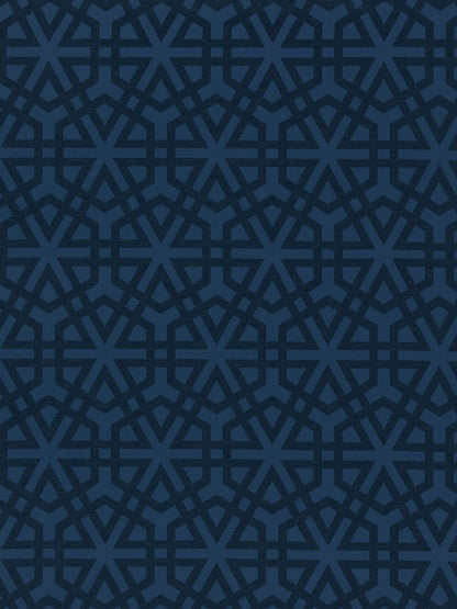 Navy and steel-blue geometric lattice wallpaper with star-like shapes repeating across the surface.