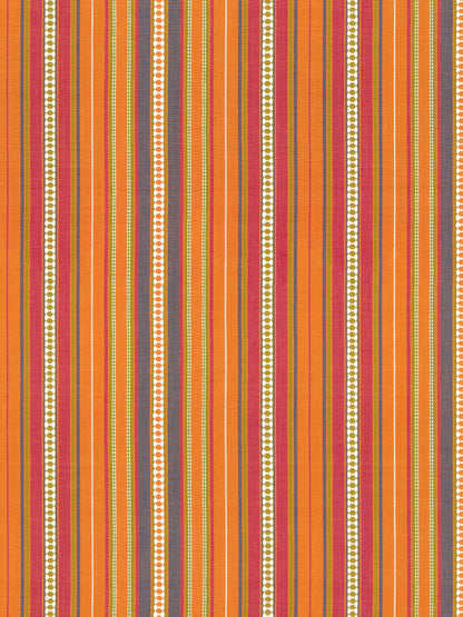 Striped fabric pattern in orange, rust, olive and burgundy with white dotted lines; bold upholstery or curtain textile.