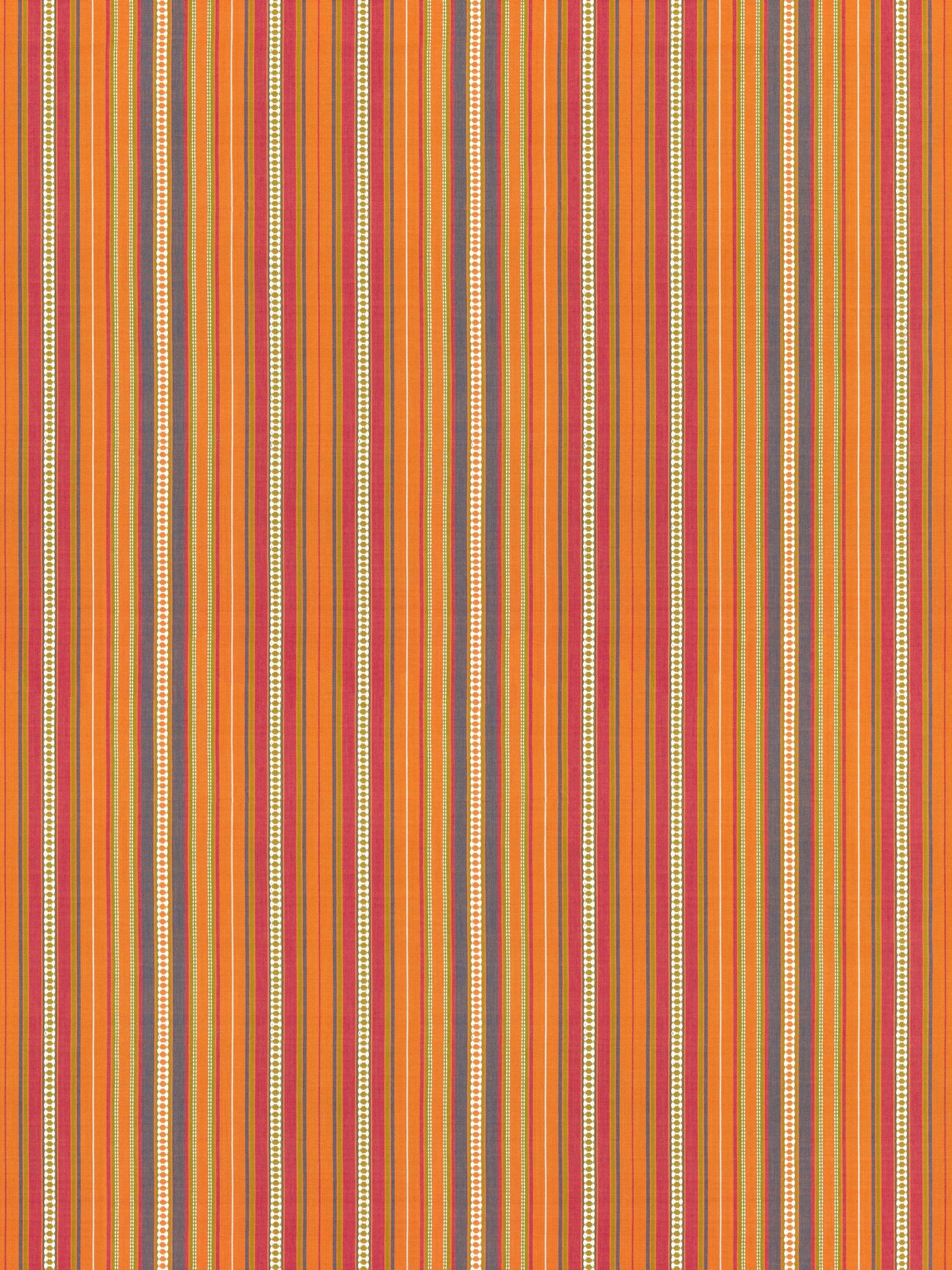 Orange striped textile pattern with narrow multicolor vertical bands, white-dotted stripes, green, brown and yellow hints.