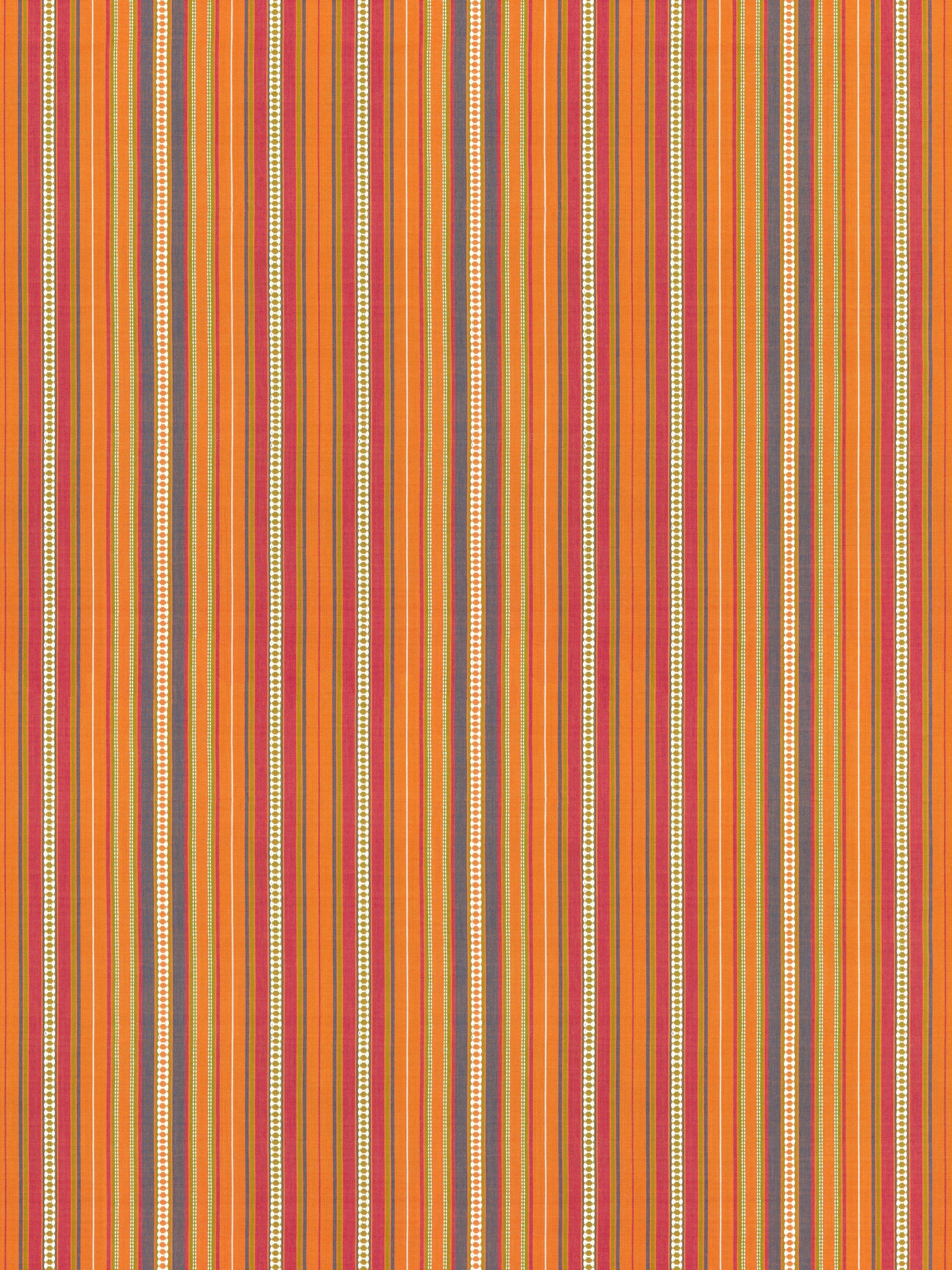 Orange striped textile pattern with narrow multicolor vertical bands, white-dotted stripes, green, brown and yellow hints.