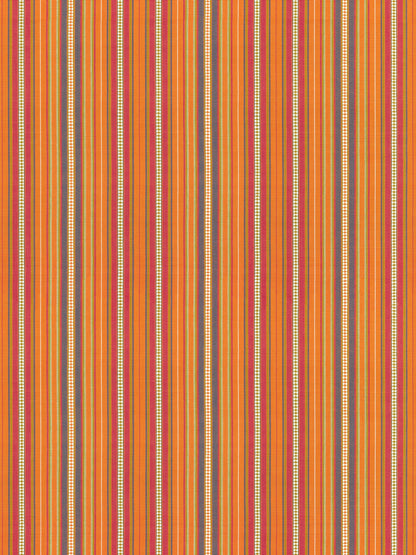 Orange striped textile pattern with narrow multicolor vertical bands, white-dotted stripes, green, brown and yellow hints.