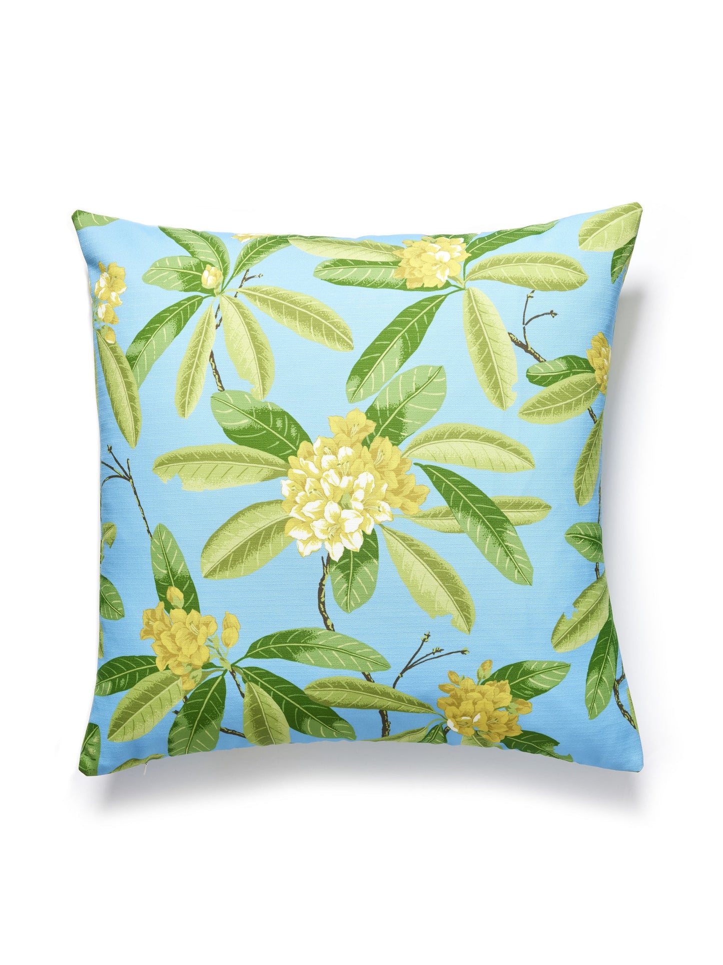 Square throw pillow with light blue background, green tropical leaves and yellow floral clusters.