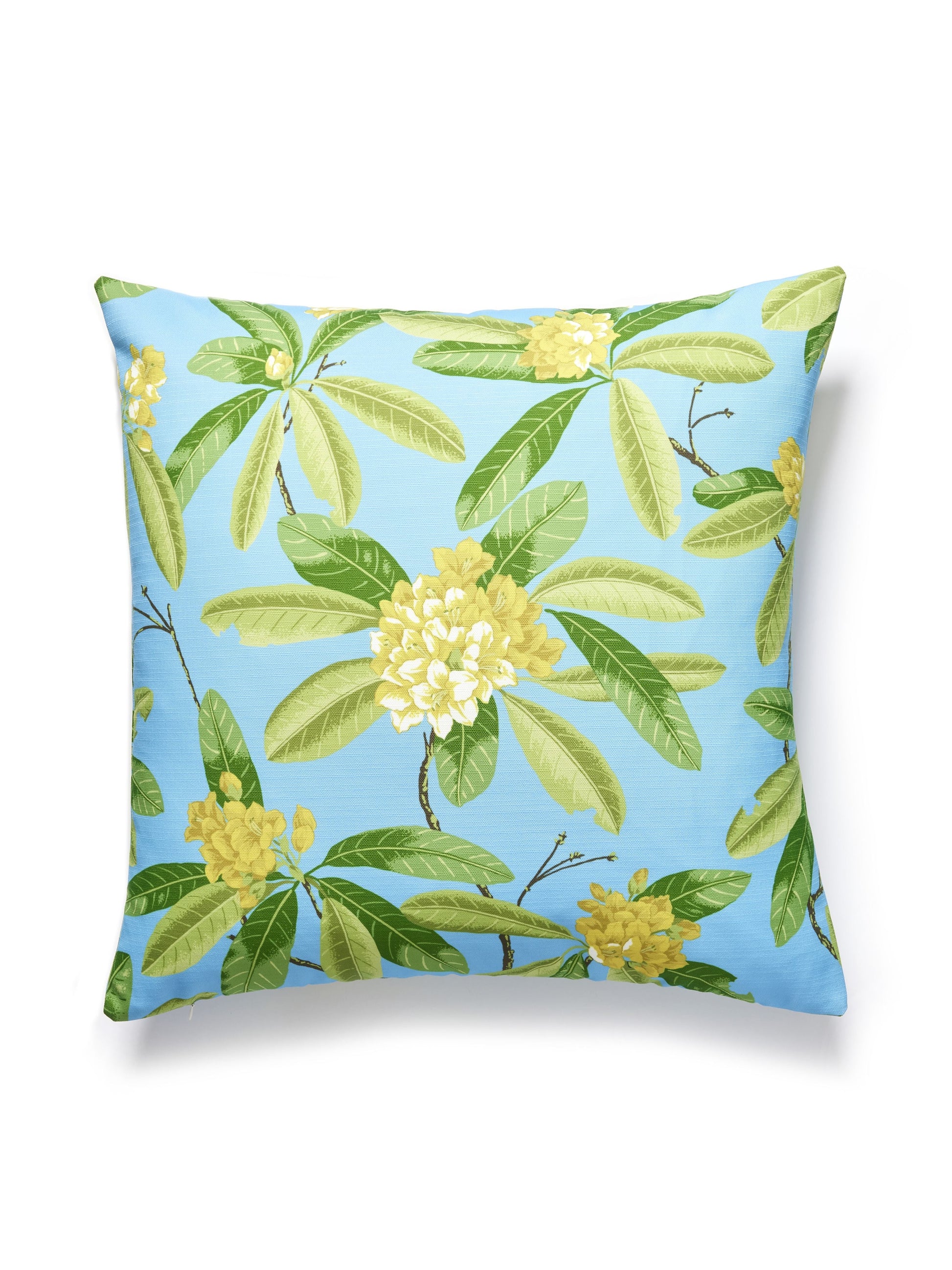 Square throw pillow with light blue background, green tropical leaves and yellow floral clusters.