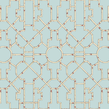 SCALAMANDRE  BALDWIN BAMBOO CHINOISERIE 
FRETWORK , LATTICE CREAM & RED ON AQUA   - SC 0004WP81630 NEW SKU # SCWP816300004