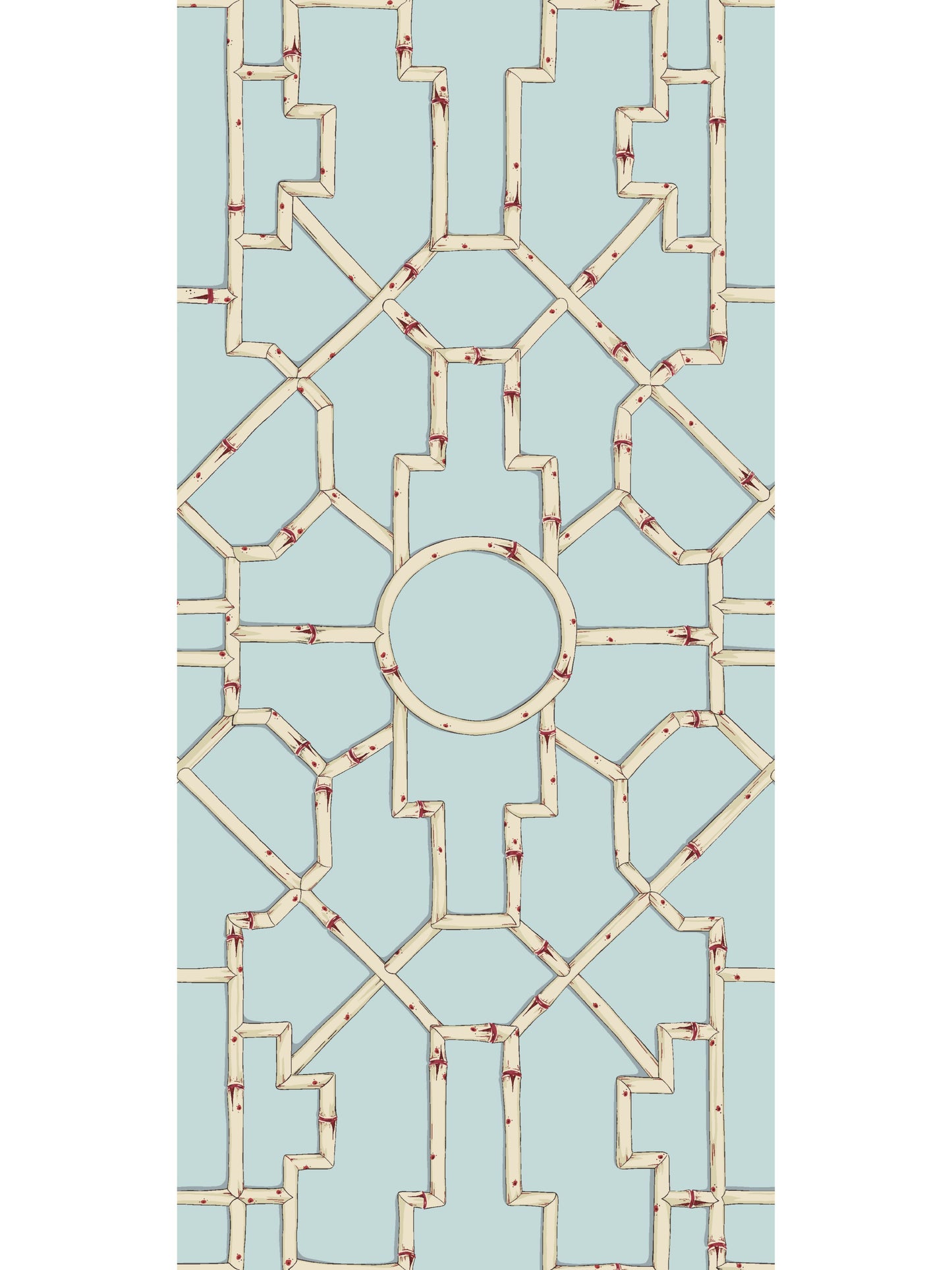 SCALAMANDRE  BALDWIN BAMBOO CHINOISERIE 
FRETWORK , LATTICE CREAM & RED ON AQUA   - SC 0004WP81630 NEW SKU # SCWP816300004