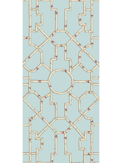 SCALAMANDRE  BALDWIN BAMBOO CHINOISERIE 
FRETWORK , LATTICE CREAM & RED ON AQUA   - SC 0004WP81630 NEW SKU # SCWP816300004