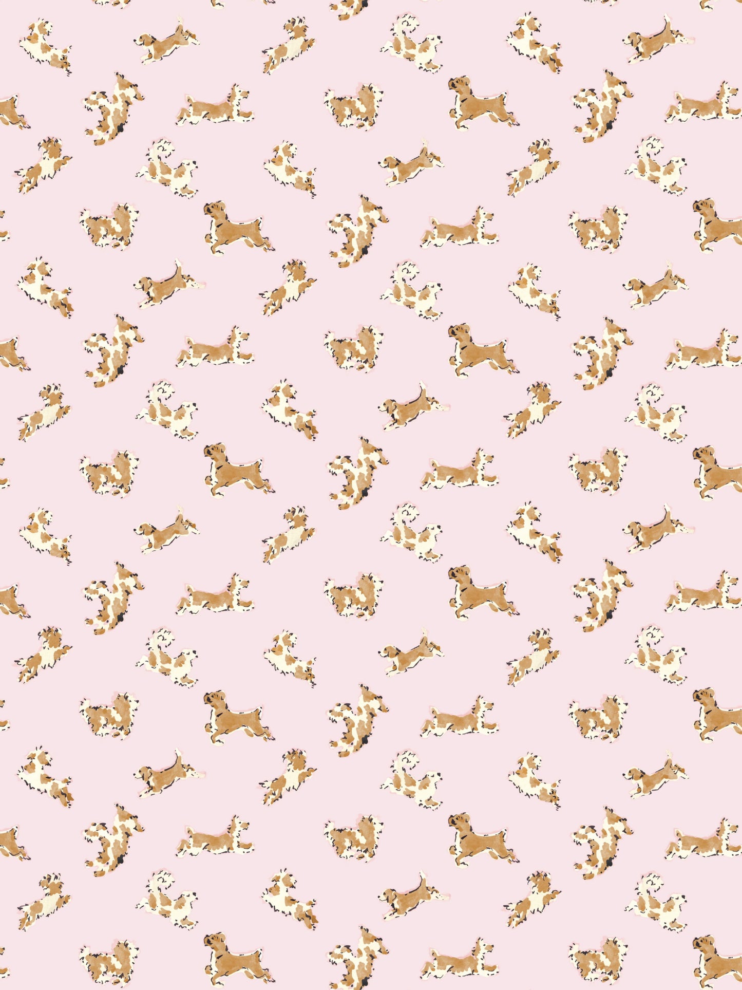 Soft pink fabric with a seamless pattern of golden-brown and white dog silhouettes and small white flowers.