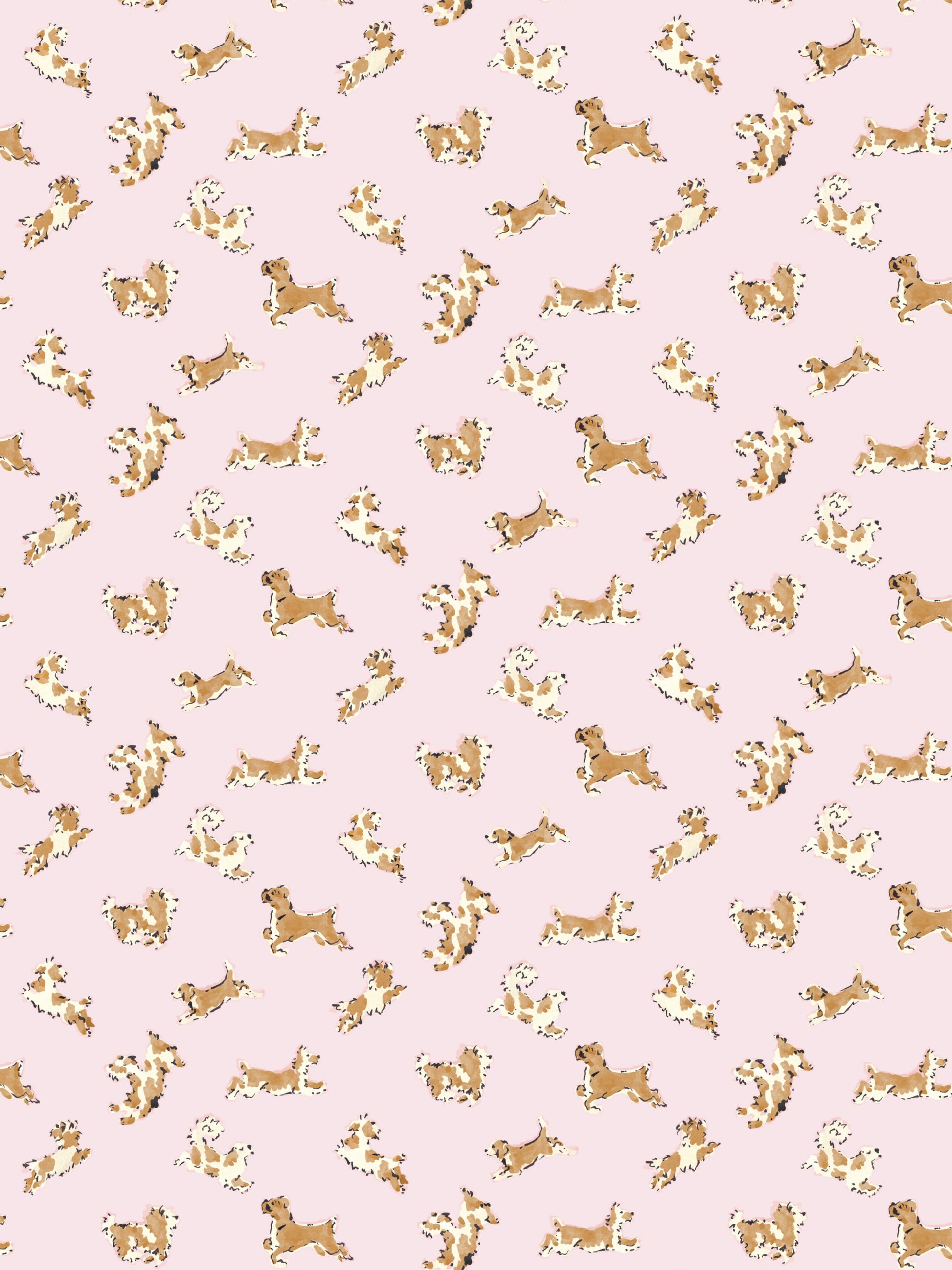 Soft pink fabric with a seamless pattern of golden-brown and white dog silhouettes and small white flowers.