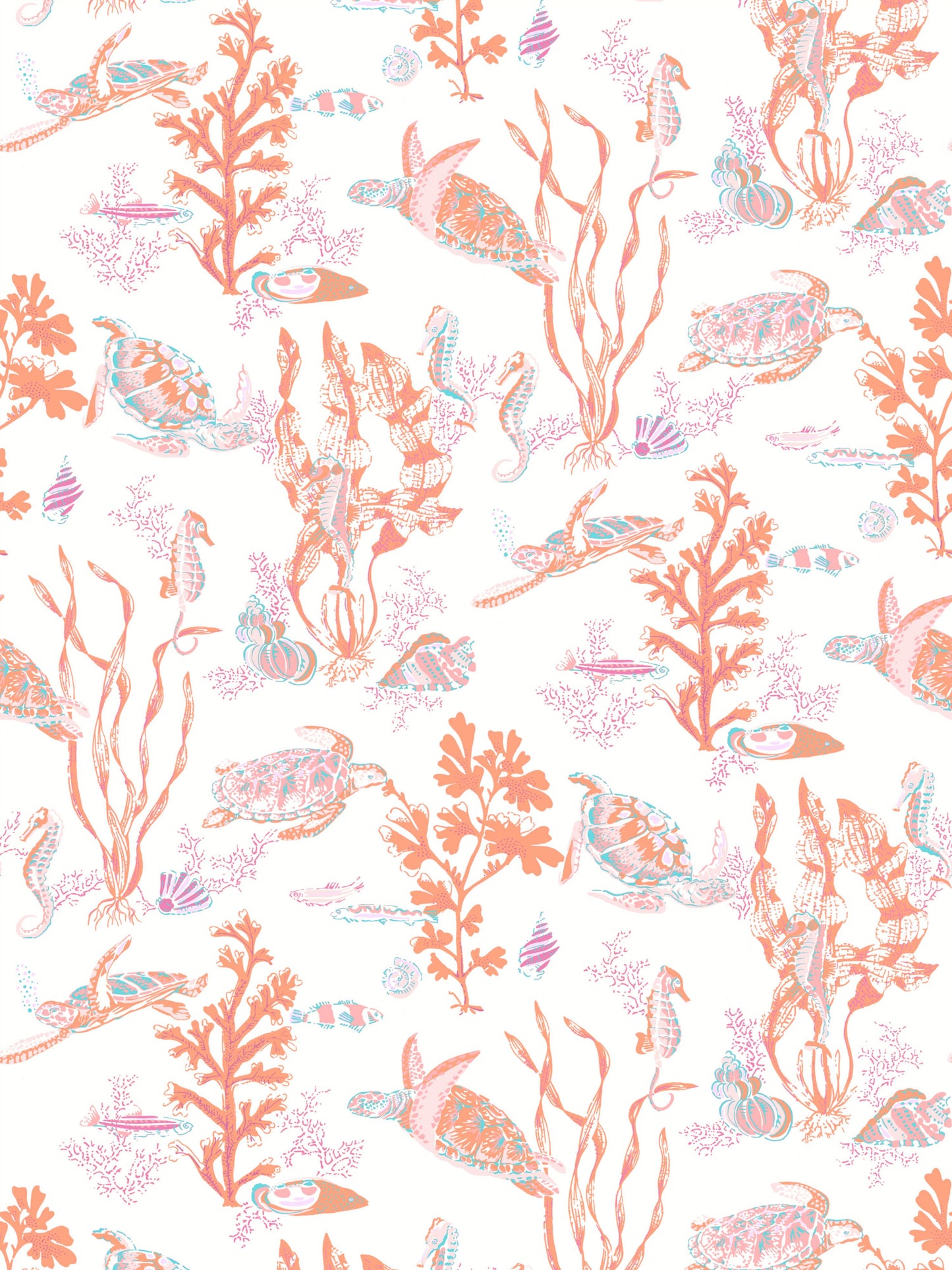Peach, pink, and blue coral reef pattern with seahorses and fish on white—seamless wallpaper/fabric print.