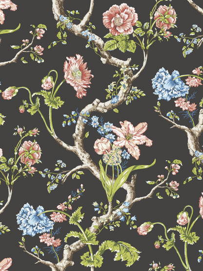 Dark charcoal wallpaper featuring twisting branches with pink, blue, and white peonies and green leaves in botanical print.