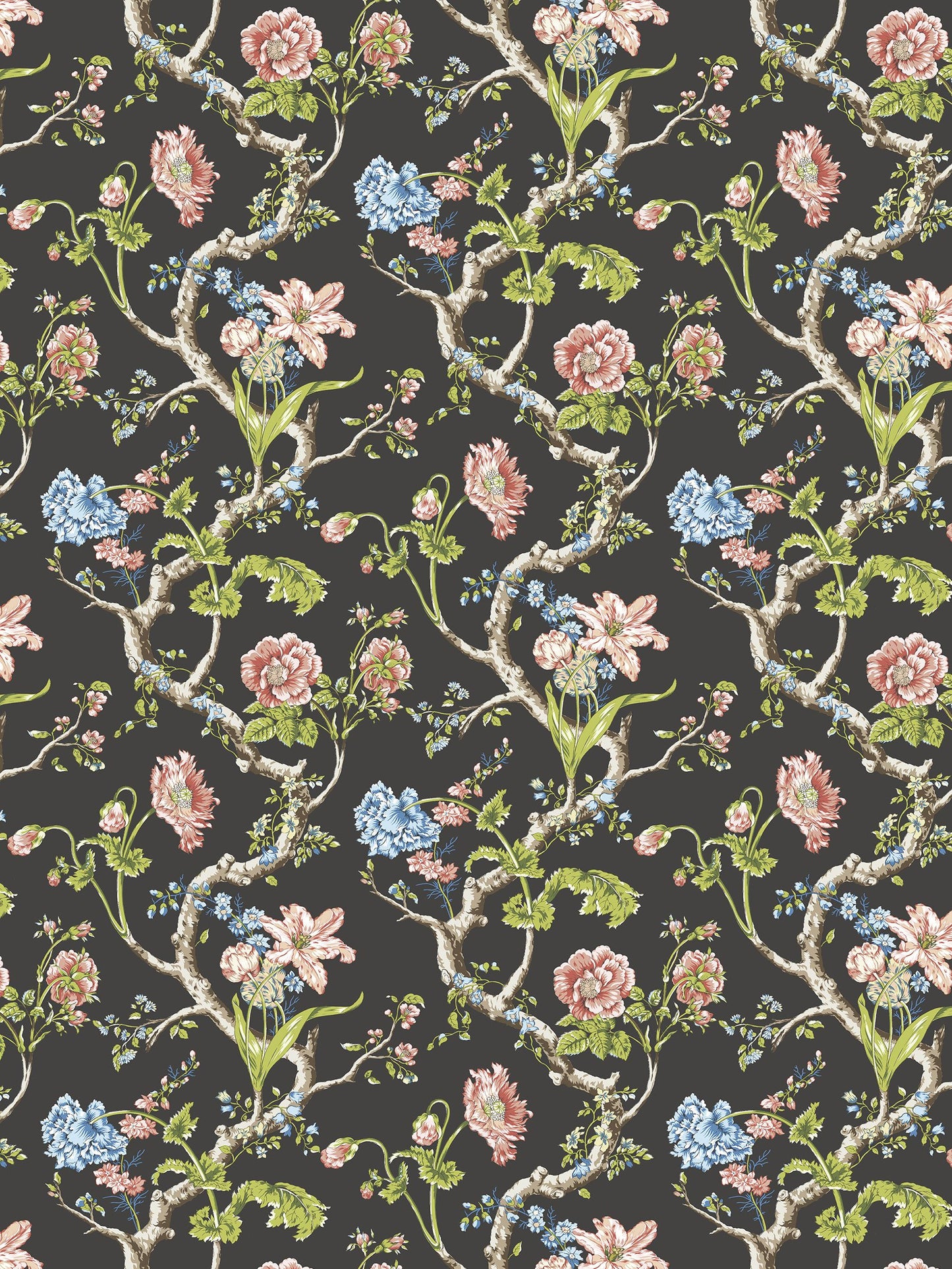Floral pattern on a dark background: twisting branches with pink roses, blue hydrangeas, and green leaves.