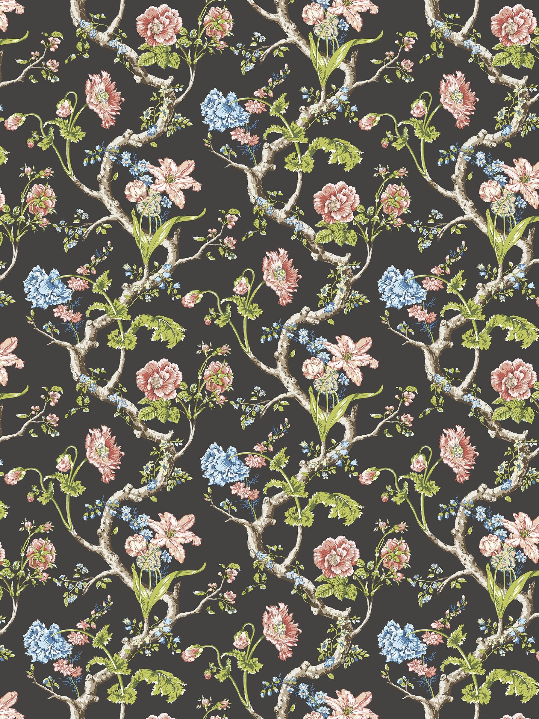 Floral pattern on a dark background: twisting branches with pink roses, blue hydrangeas, and green leaves.