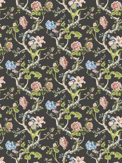 Floral pattern on a dark background: twisting branches with pink roses, blue hydrangeas, and green leaves.