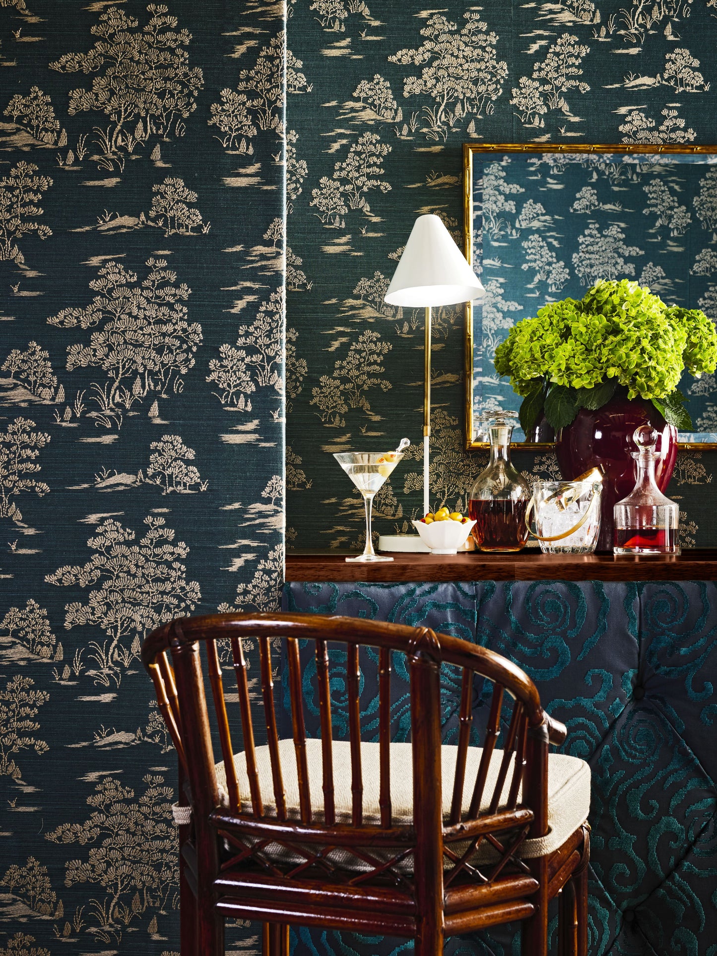 SCALAMANDRE  KATSURA EMBROIDERED TOILE BOTANICAL , FOLIAGE 
CHINOISERIE 
TOILE PEACOCK   - SC 0004WP88445 NEW SKU # SCWP884450004