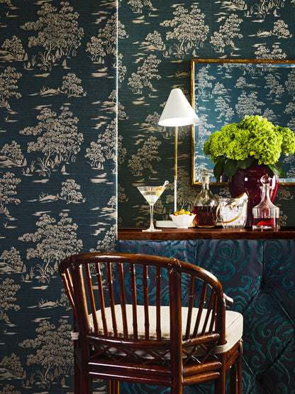 SCALAMANDRE  KATSURA EMBROIDERED TOILE BOTANICAL , FOLIAGE 
CHINOISERIE 
TOILE PEACOCK   - SC 0004WP88445 NEW SKU # SCWP884450004
