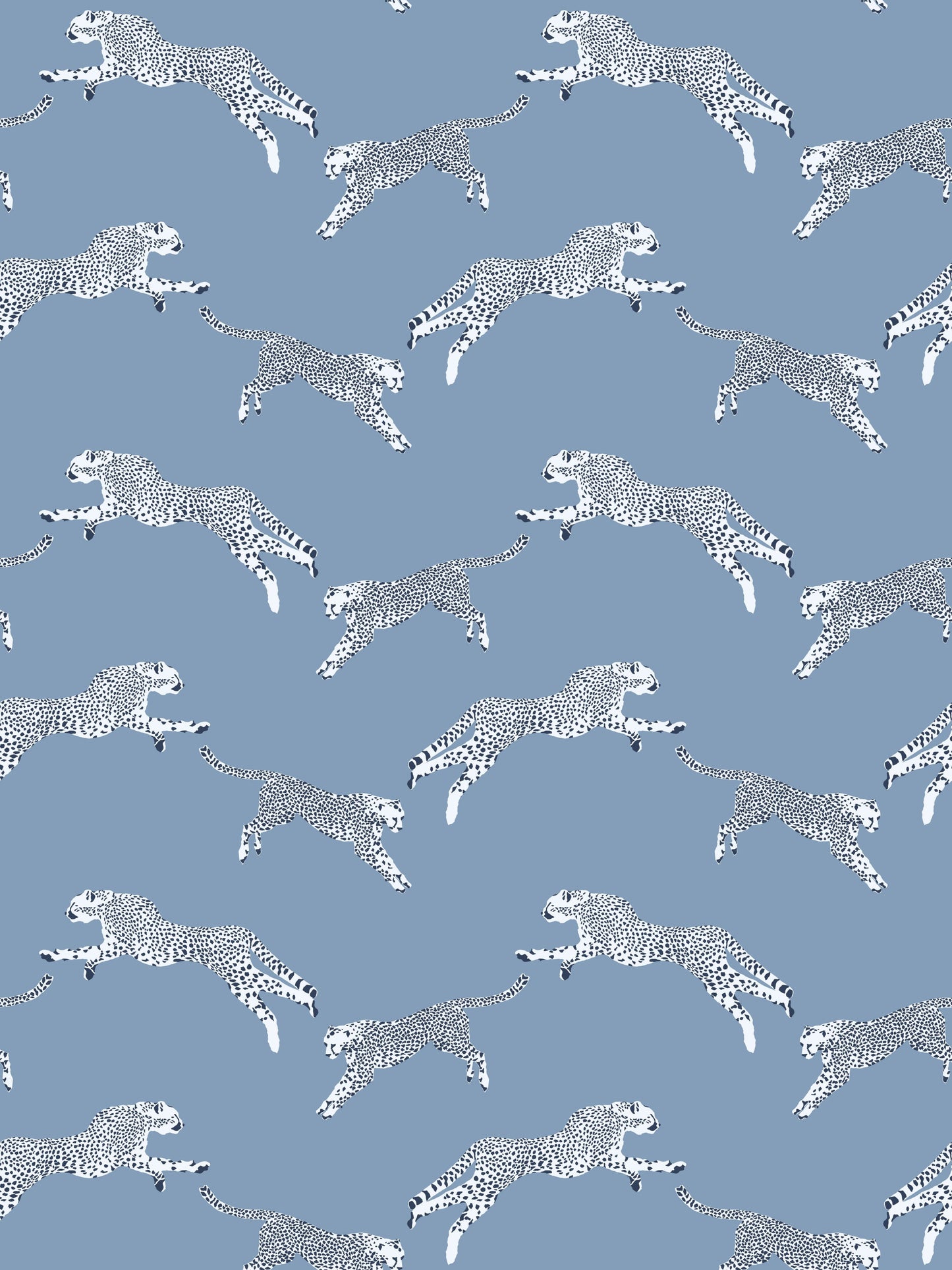 Blue fabric with repeating white cheetah silhouettes in mid-leap.
