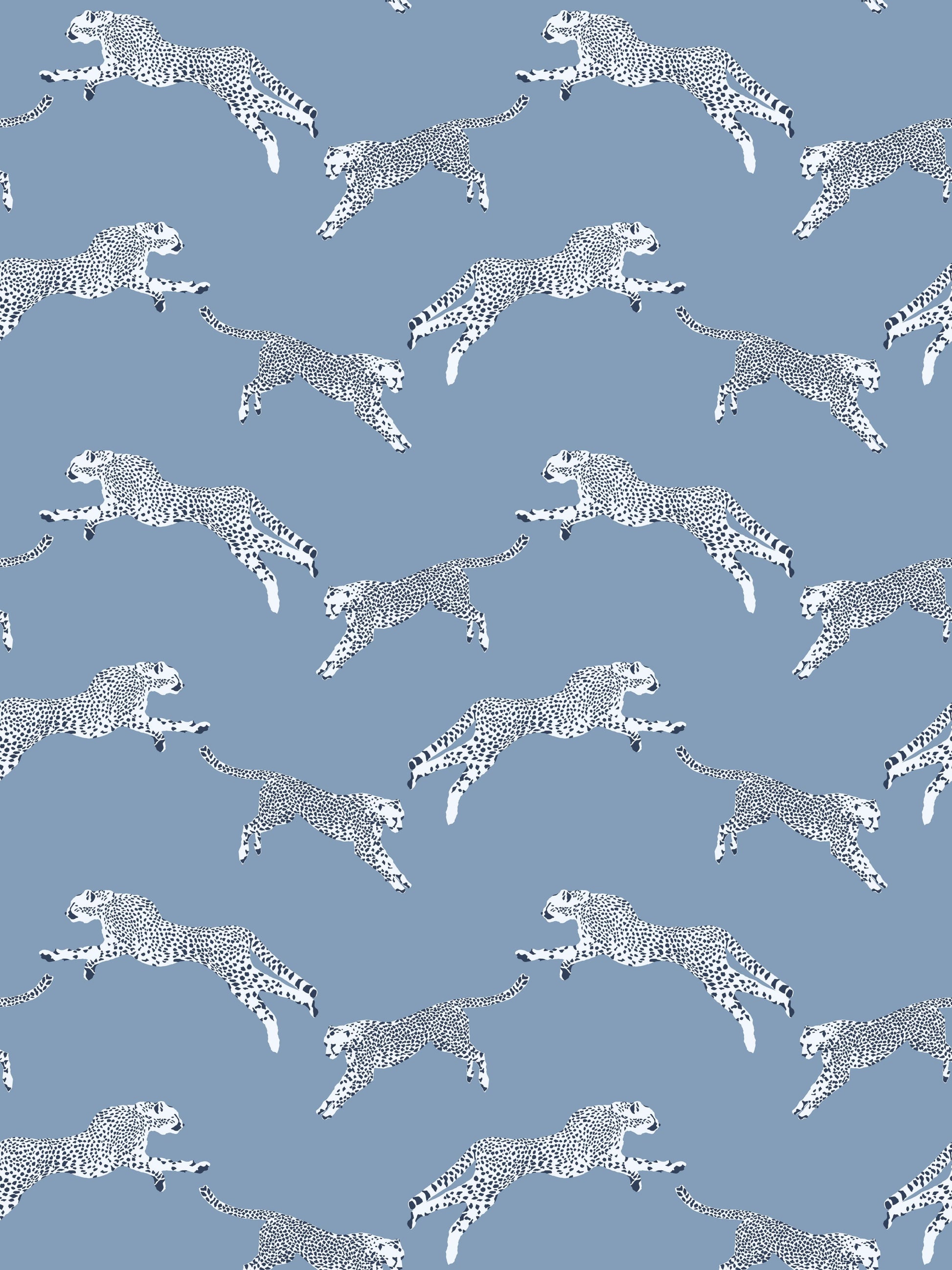Blue fabric with repeating white cheetah silhouettes in mid-leap.