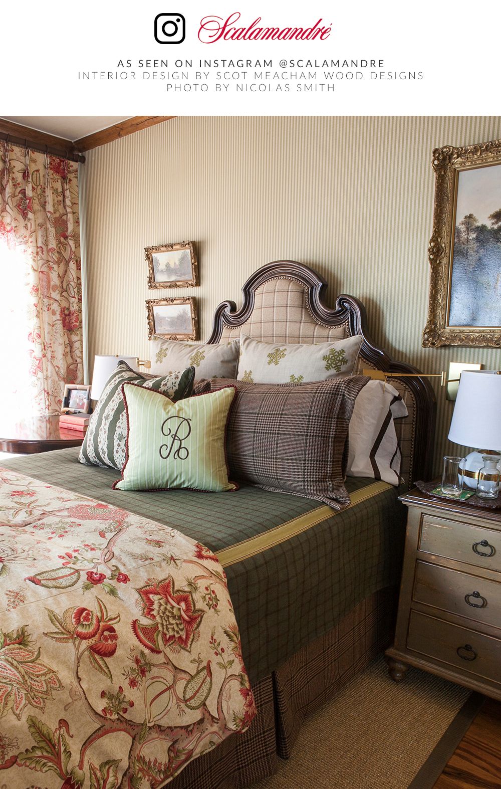 SCALAMANDRE  PONDICHERRY COTTON PRINT FABRIC TURKEY RED ON LIME   - SC 000516430 NEW SKU # SC164300005