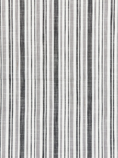 Grey, black and white striped woven fabric texture; vertical stripes in varying widths for upholstery or drapery.