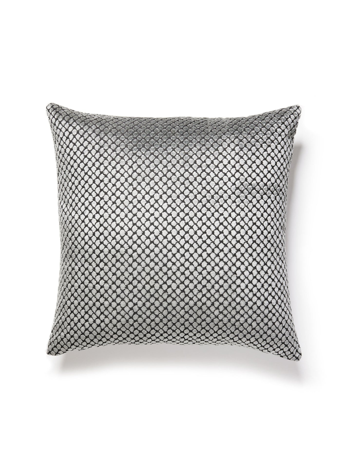 Silver-gray square decorative throw pillow with small-scale animal-skin dots and circles pattern.