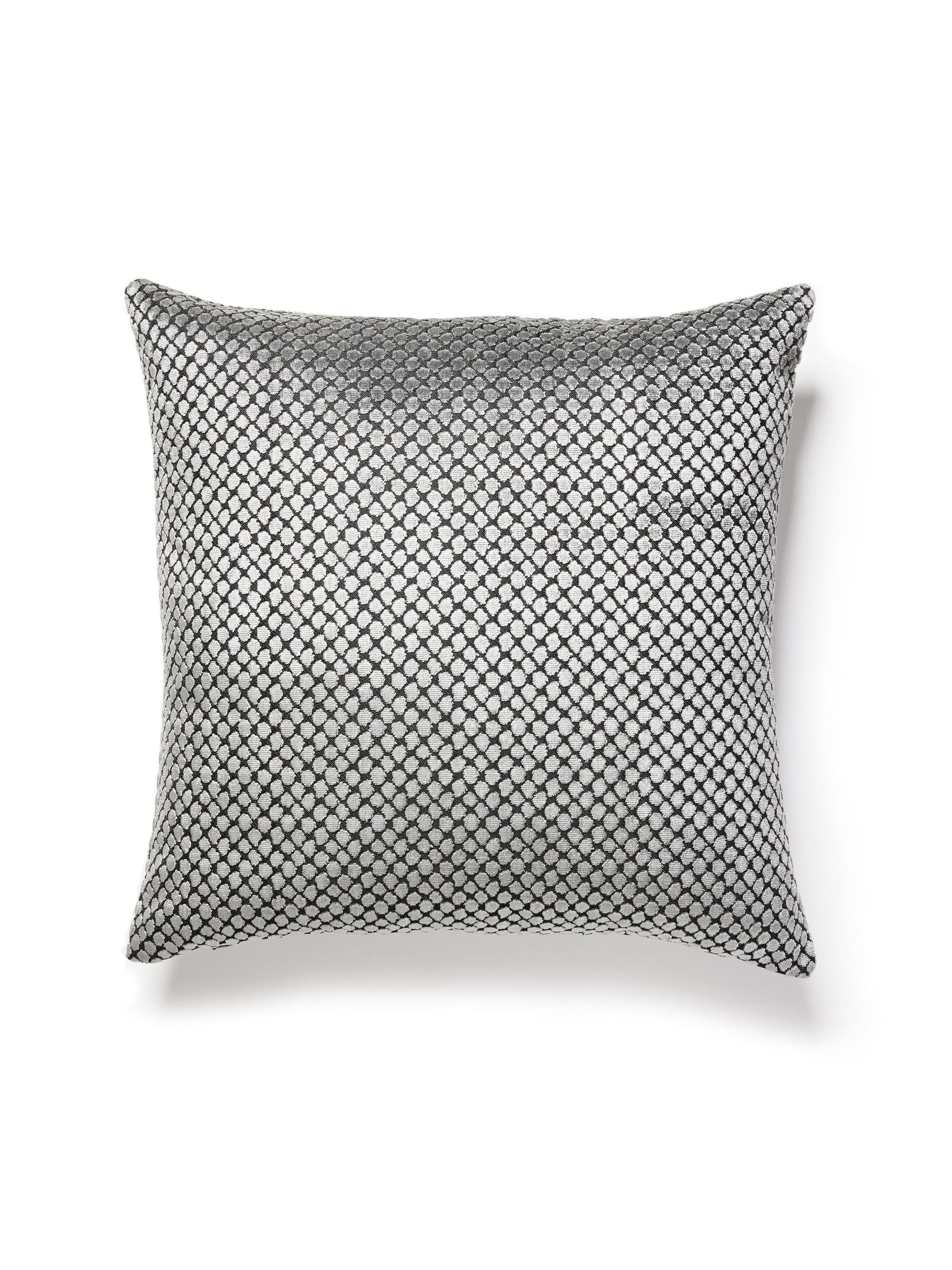 Silver-gray square decorative throw pillow with small-scale animal-skin dots and circles pattern.