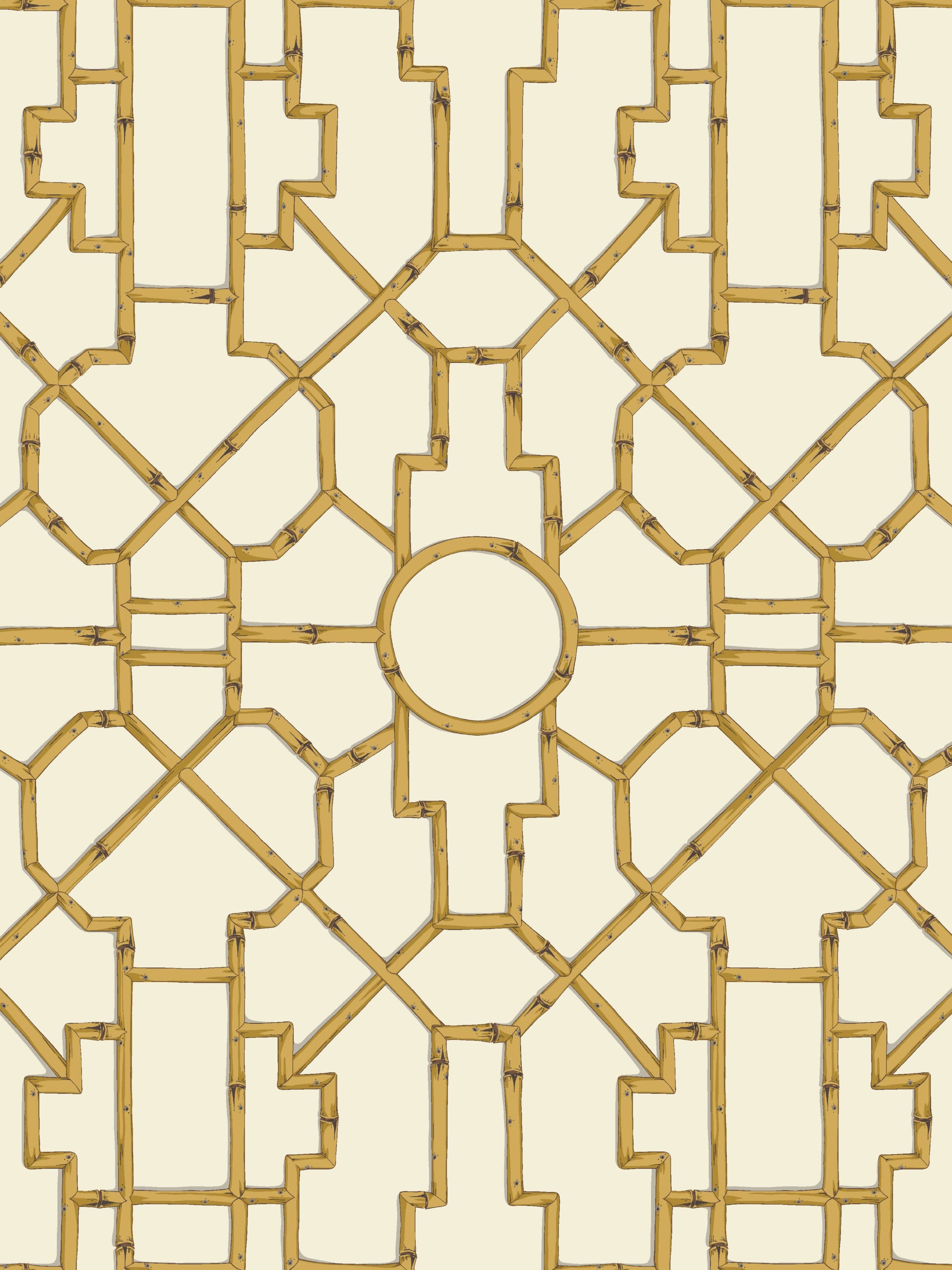 Gold geometric lattice pattern with interlocking shapes and a central circle on a cream background.
