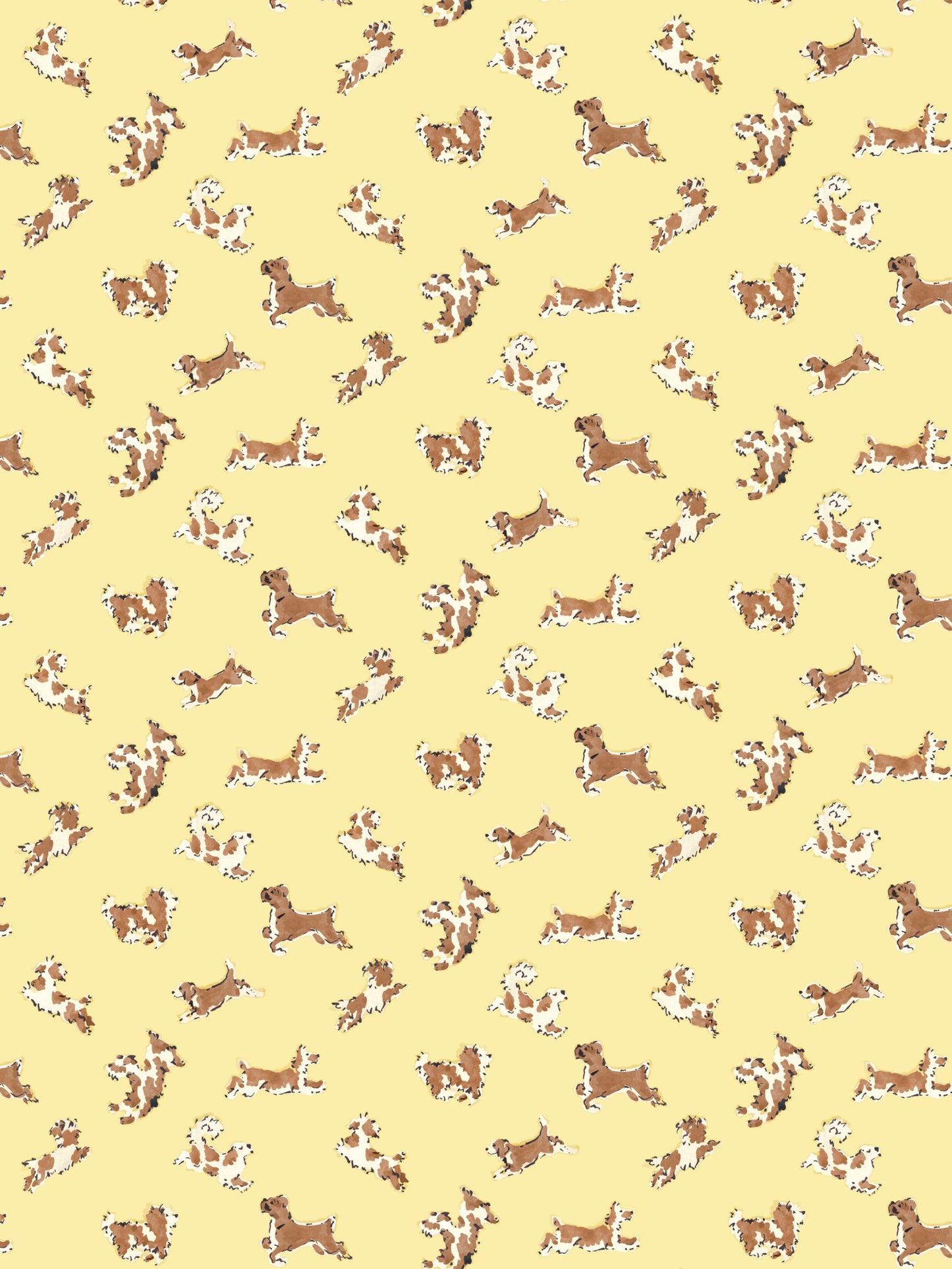 Repeating pattern of small brown and tan dog silhouettes on a pale yellow background.