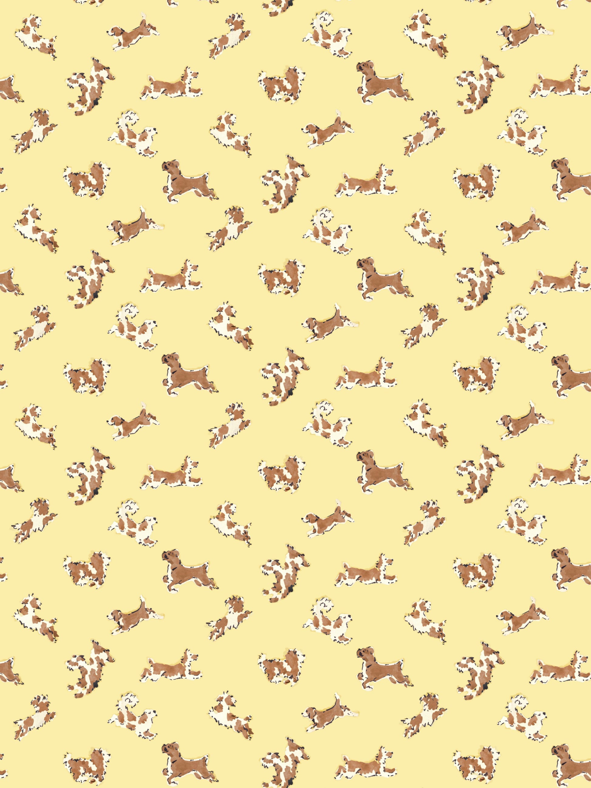 Repeating pattern of small brown and tan dog silhouettes on a pale yellow background.