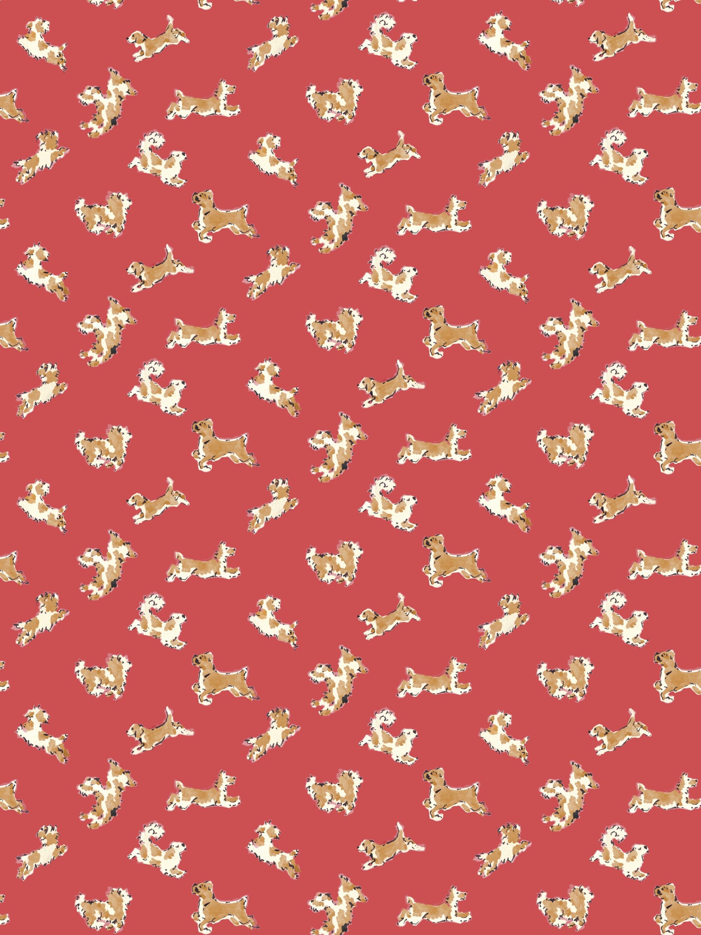 Red fabric with a seamless repeating pattern of beige & white dog silhouettes in a vintage style.