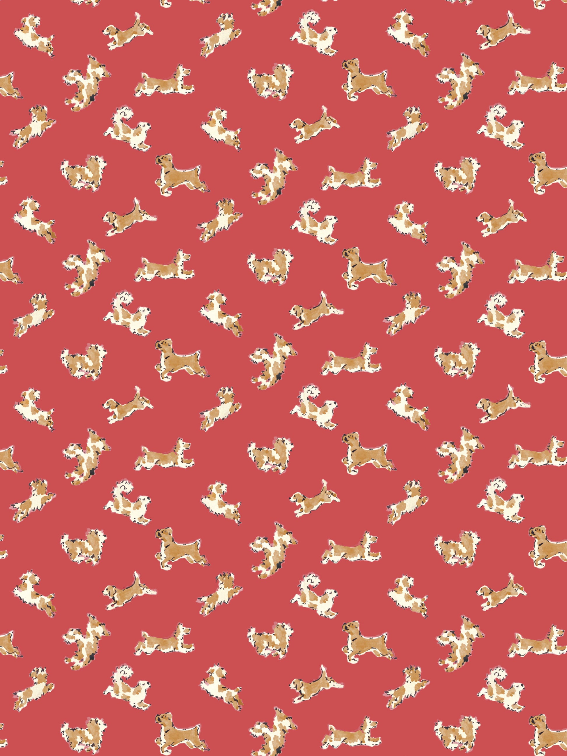 Red fabric with a seamless repeating pattern of beige & white dog silhouettes in a vintage style.