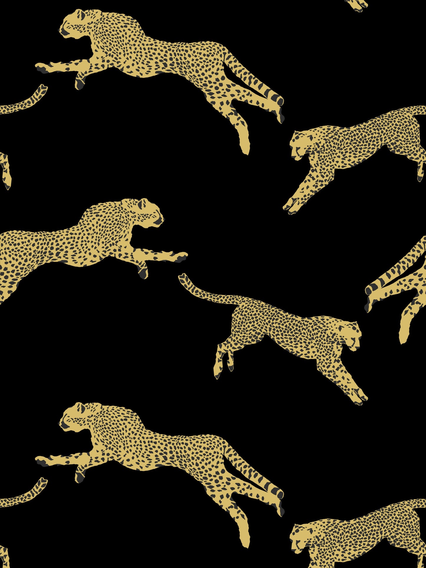 Gold leopard silhouettes leaping across a black background in a repeating wallpaper pattern.