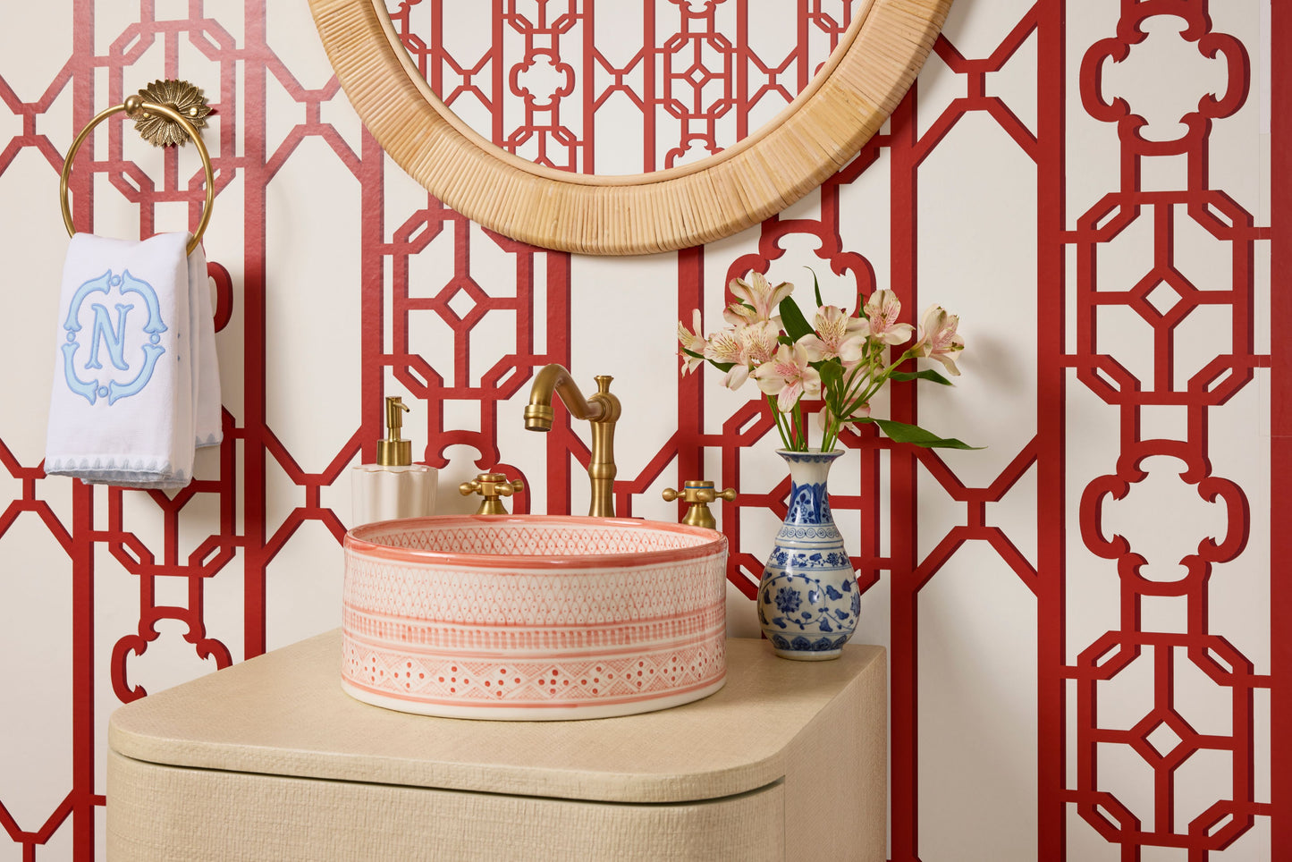 SCALAMANDRE  JOANNA FRET FRETWORK , LATTICE LACQUER RED   - SC 0006WP88582D NEW SKU # SCWP88582D0006