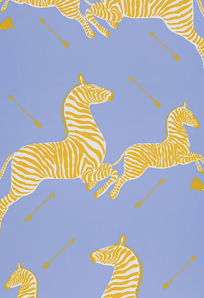 Purple/lavender wallpaper featuring yellow zebras and arrows in a whimsical safari pattern.