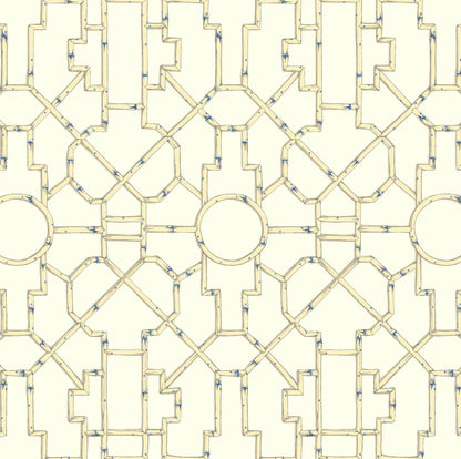 SCALAMANDRE  BALDWIN BAMBOO CHINOISERIE 
FRETWORK , LATTICE LINEN & BLUE ON ECRU   - SC 0007WP81630 NEW SKU # SCWP816300007