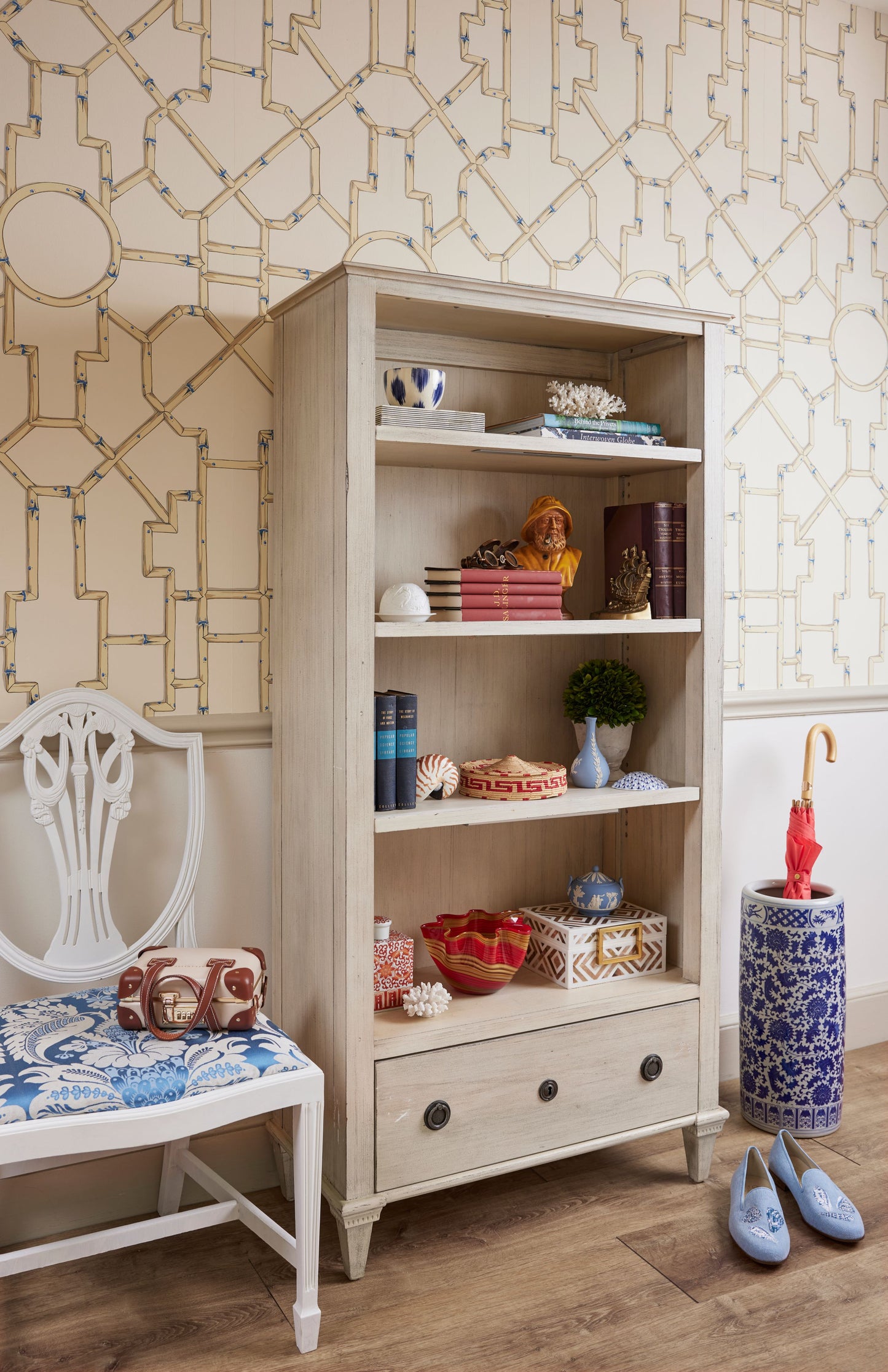 SCALAMANDRE  BALDWIN BAMBOO CHINOISERIE 
FRETWORK , LATTICE LINEN & BLUE ON ECRU   - SC 0007WP81630 NEW SKU # SCWP816300007