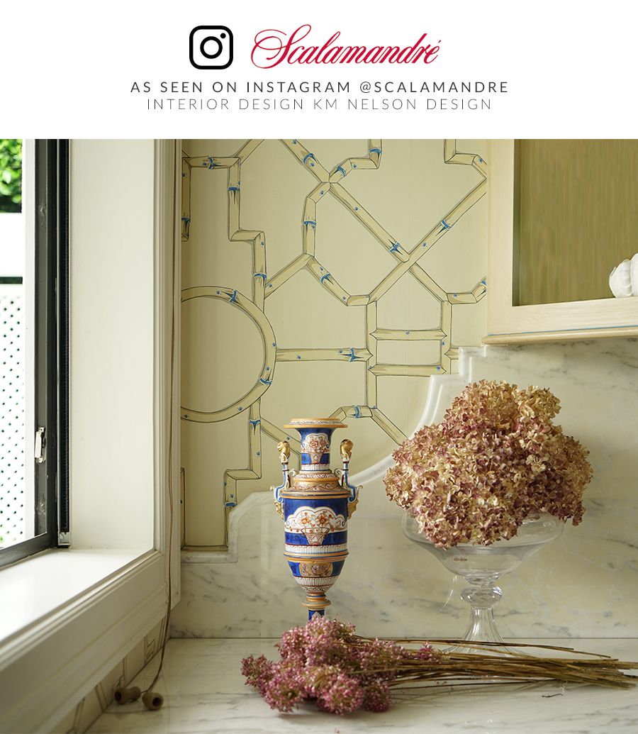 SCALAMANDRE  BALDWIN BAMBOO CHINOISERIE 
FRETWORK , LATTICE LINEN & BLUE ON ECRU   - SC 0007WP81630 NEW SKU # SCWP816300007