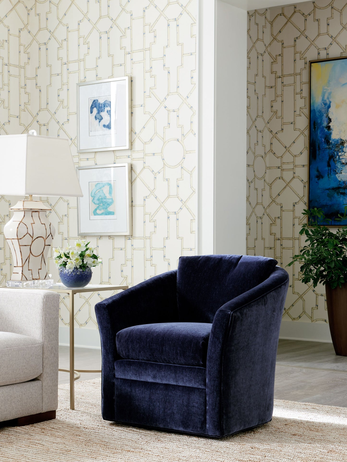 SCALAMANDRE  BALDWIN BAMBOO CHINOISERIE 
FRETWORK , LATTICE LINEN & BLUE ON ECRU   - SC 0007WP81630 NEW SKU # SCWP816300007