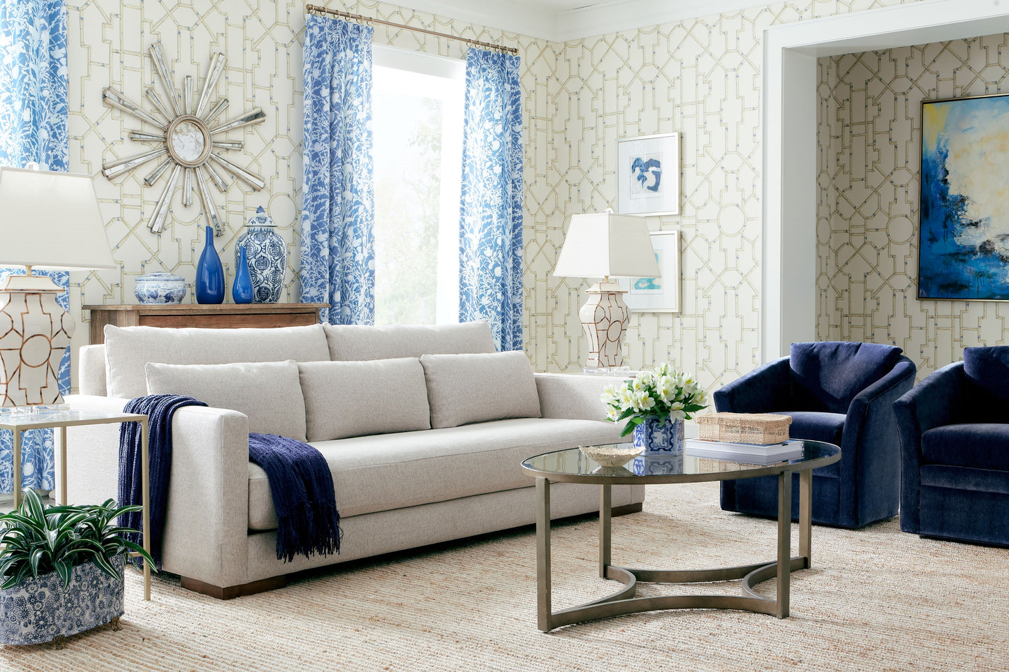 SCALAMANDRE  BALDWIN BAMBOO CHINOISERIE 
FRETWORK , LATTICE LINEN & BLUE ON ECRU   - SC 0007WP81630 NEW SKU # SCWP816300007
