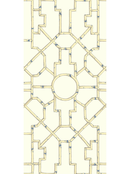 SCALAMANDRE  BALDWIN BAMBOO CHINOISERIE 
FRETWORK , LATTICE LINEN & BLUE ON ECRU   - SC 0007WP81630 NEW SKU # SCWP816300007