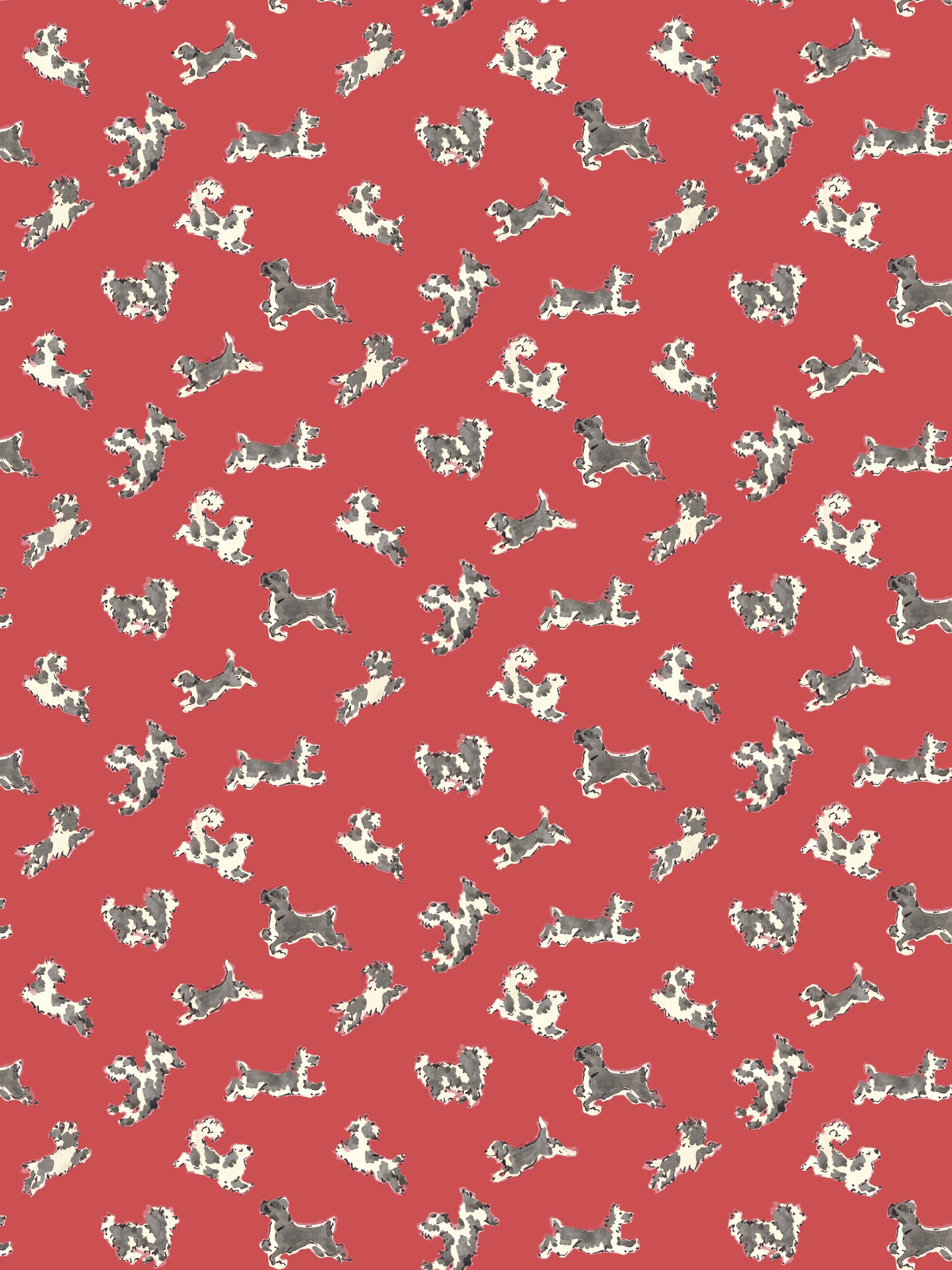 Red fabric with repeating grey and white dog silhouettes; whimsical, vintage-style pattern.