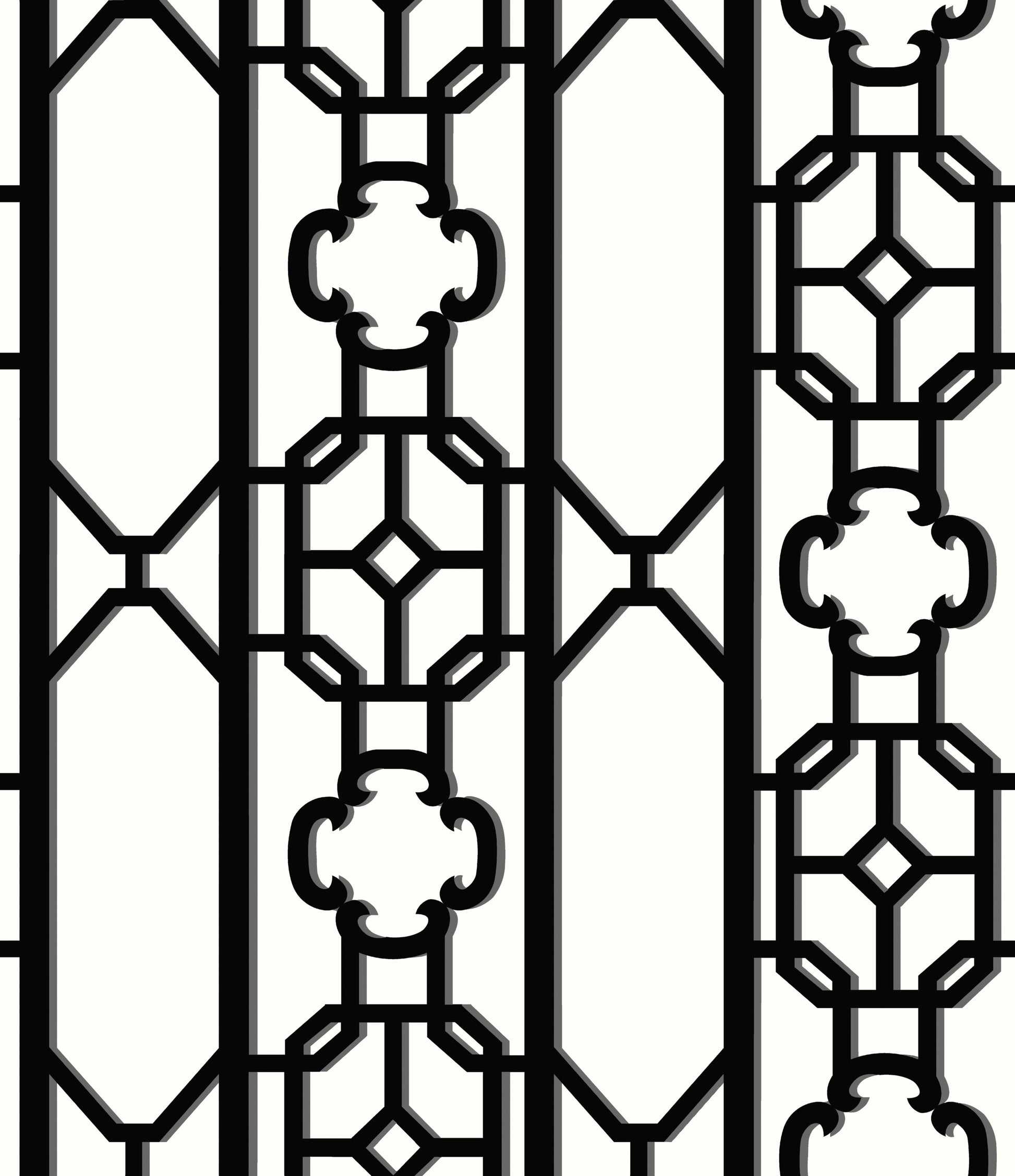 Decorative black wrought-iron fretwork lattice with vertical bars and geometric octagon and clover motifs.