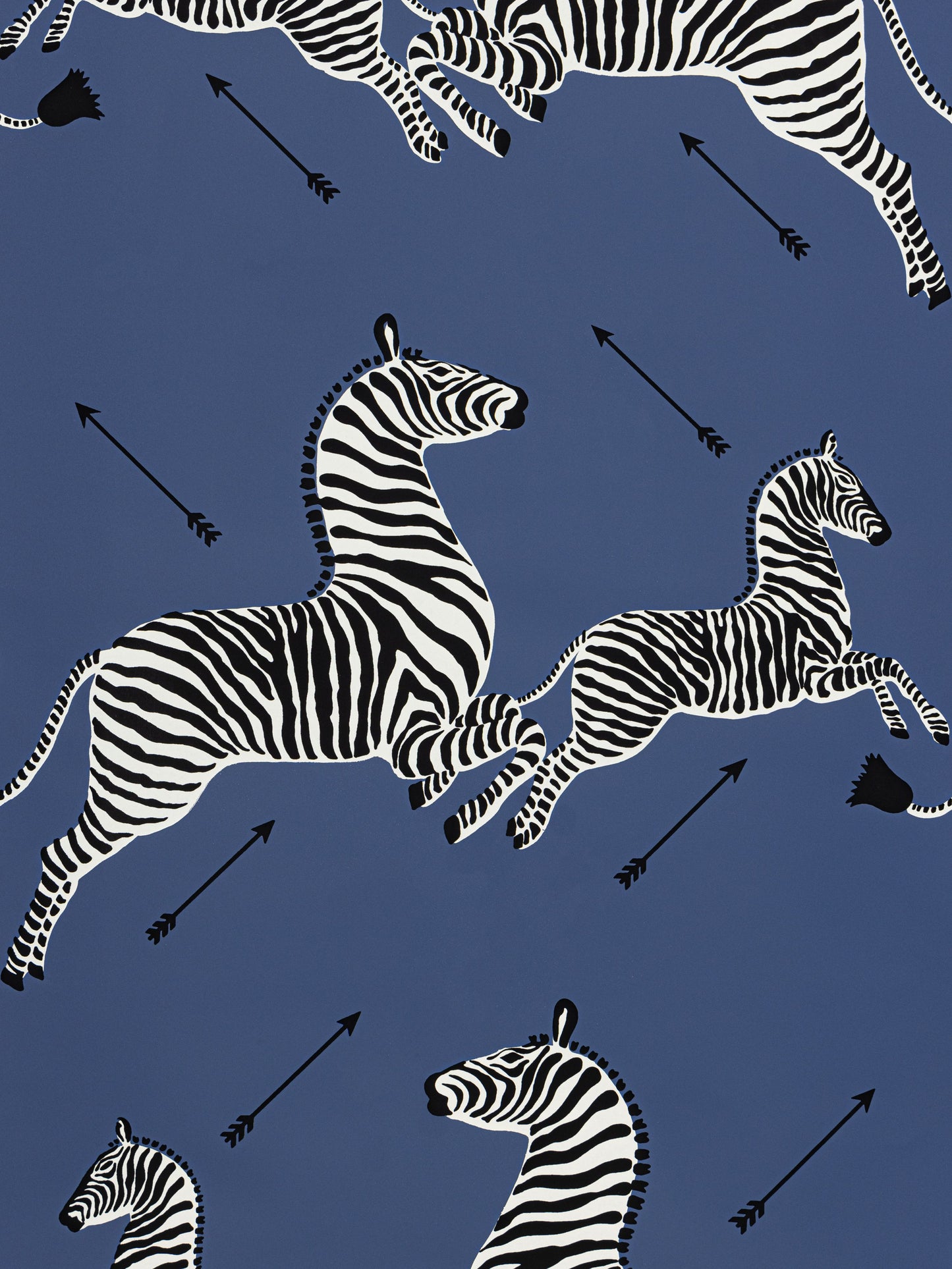 Blue background fabric with black-and-white zebra motifs in a bold repeating pattern.