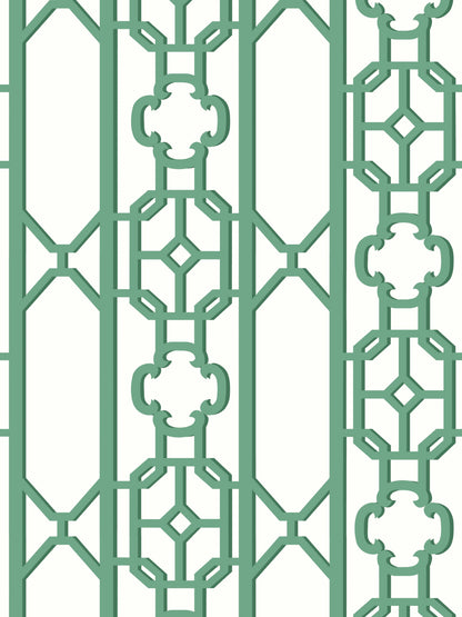 Green metal lattice fretwork gazebo with geometric octagon motifs and clover-like links.