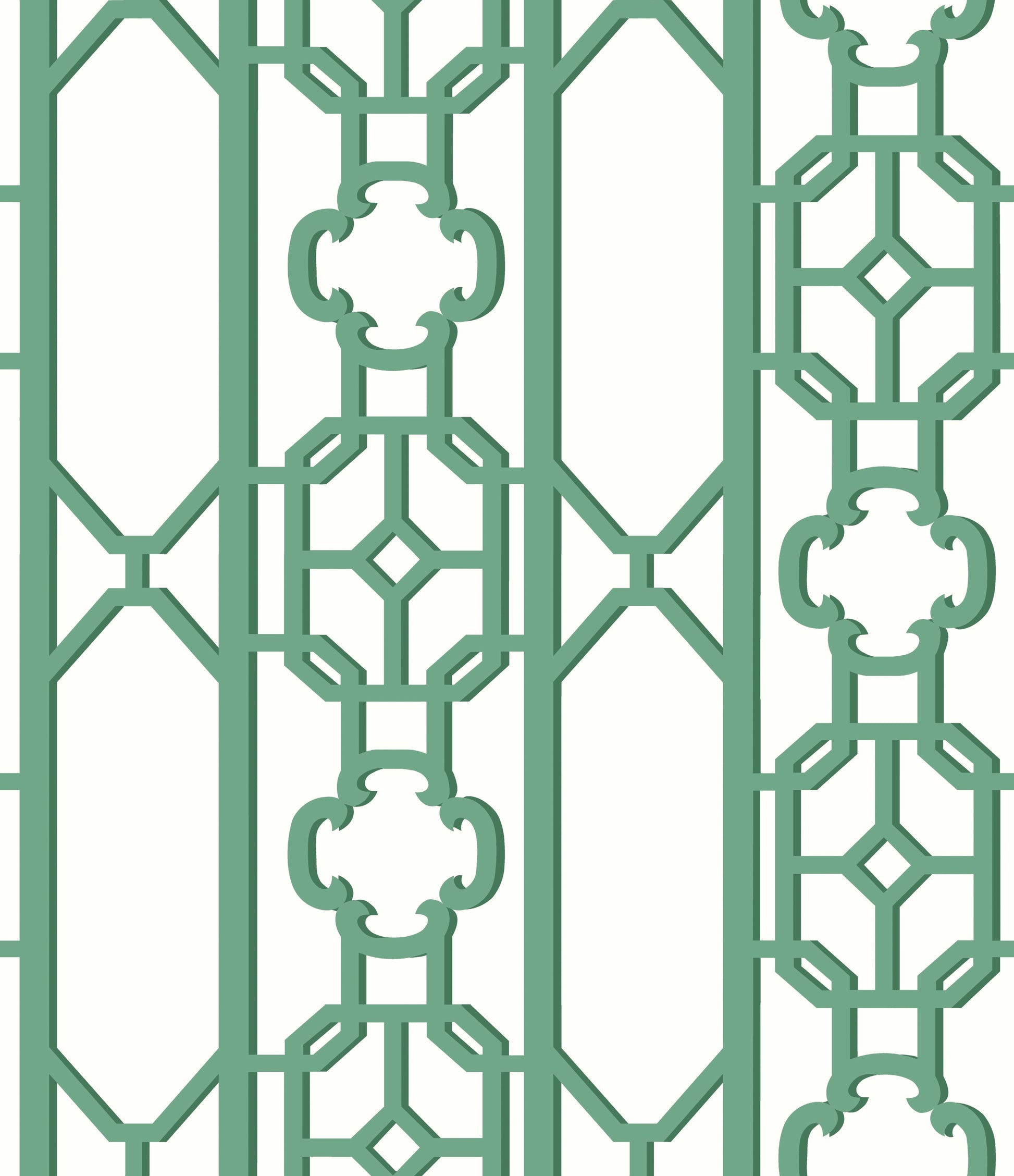Green decorative metal lattice panel with geometric octagon motifs and ornate connectors; ideal room divider or fence screen.